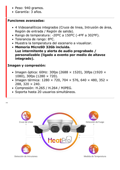 Turret IP Dual / Térmica 1.8 mm (160 x 120) / Óptico 2 mm (4 Megapixel) / Detección de Personas 53 mts / 15 mts IR / Exterior IP67 / PoE / Termométrica / Detección de Temperatura / Sirena y Luz / Micro SD 32 GB Incluida