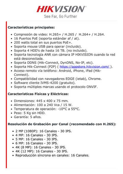 [Doble Poder de Decodificación] NVR 32 Megapixel (8K) / 16 Canales IP / 16 Puertos PoE+ / AcuSense / ANPR / Conteo de Personas / Heat Map / 4 Bahías de Disco Duro  / HDMI en 8K / Soporta POS / Alarmas I/O / ACUSEARCH