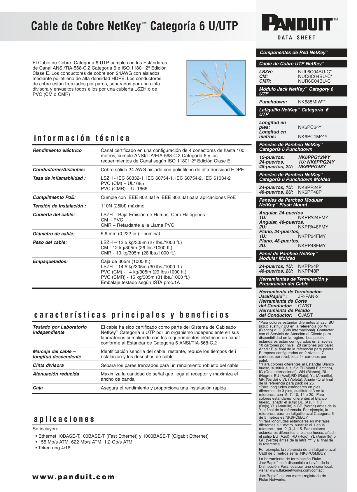 Bobina Panduit de Cable Utp Cat6 Uso Interno 305m de Cobre Netkey Gris Claro (24 awg)  1000MBPS Riser (CMR)  de 4 Pares