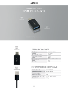 Adaptador Acteck USB-C a USB-A 3.0 Shift Plus AU210 Tipo Dongle OTG Macho Hembra