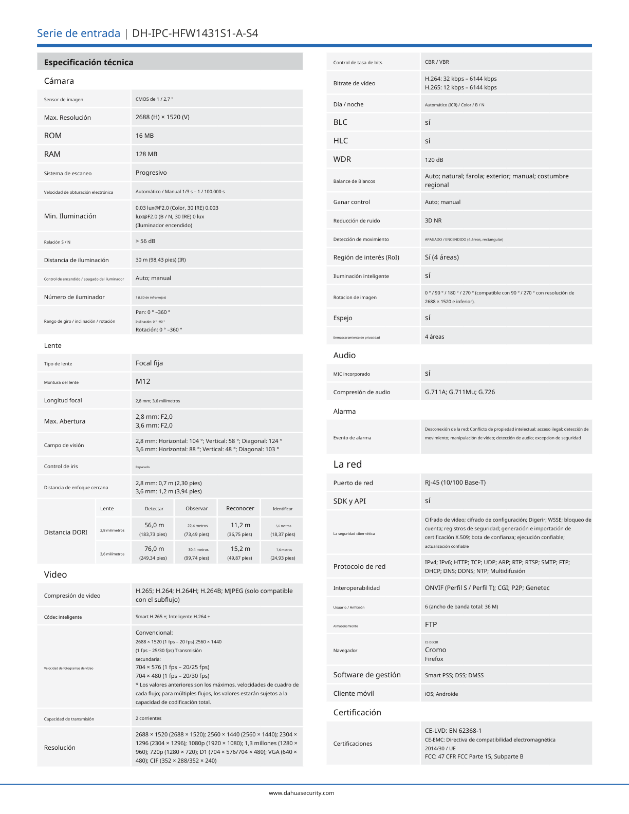Camara Dahua DH-IPC-HFW1431S1P-A-0280B-S4-QH2 IP bullet 4 mpx lente de 2.8 mm h.265 104 gds de apertura IR de 30 m microfono integrado IP67