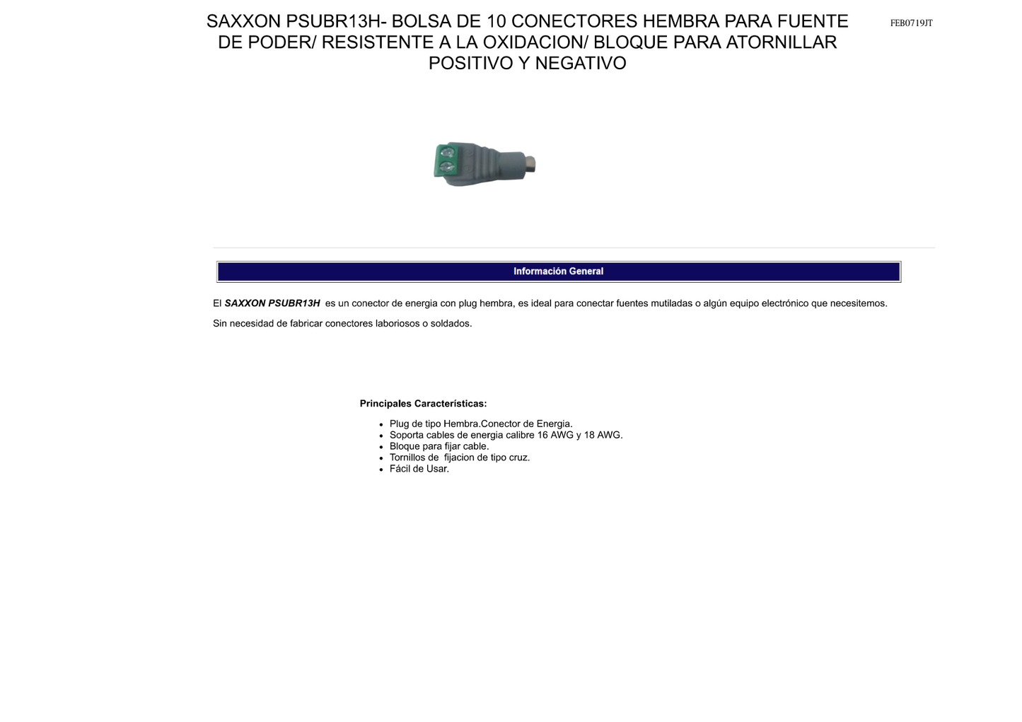 SAXXON PSUBR13H- BOLSA DE 10 CONECTORES HEMBRA PARA FUENTE DE PODER/ RESISTENTE A LA OXIDACION/ BLOQUE PARA ATORNILLAR POSITIVO Y NEGATIVO