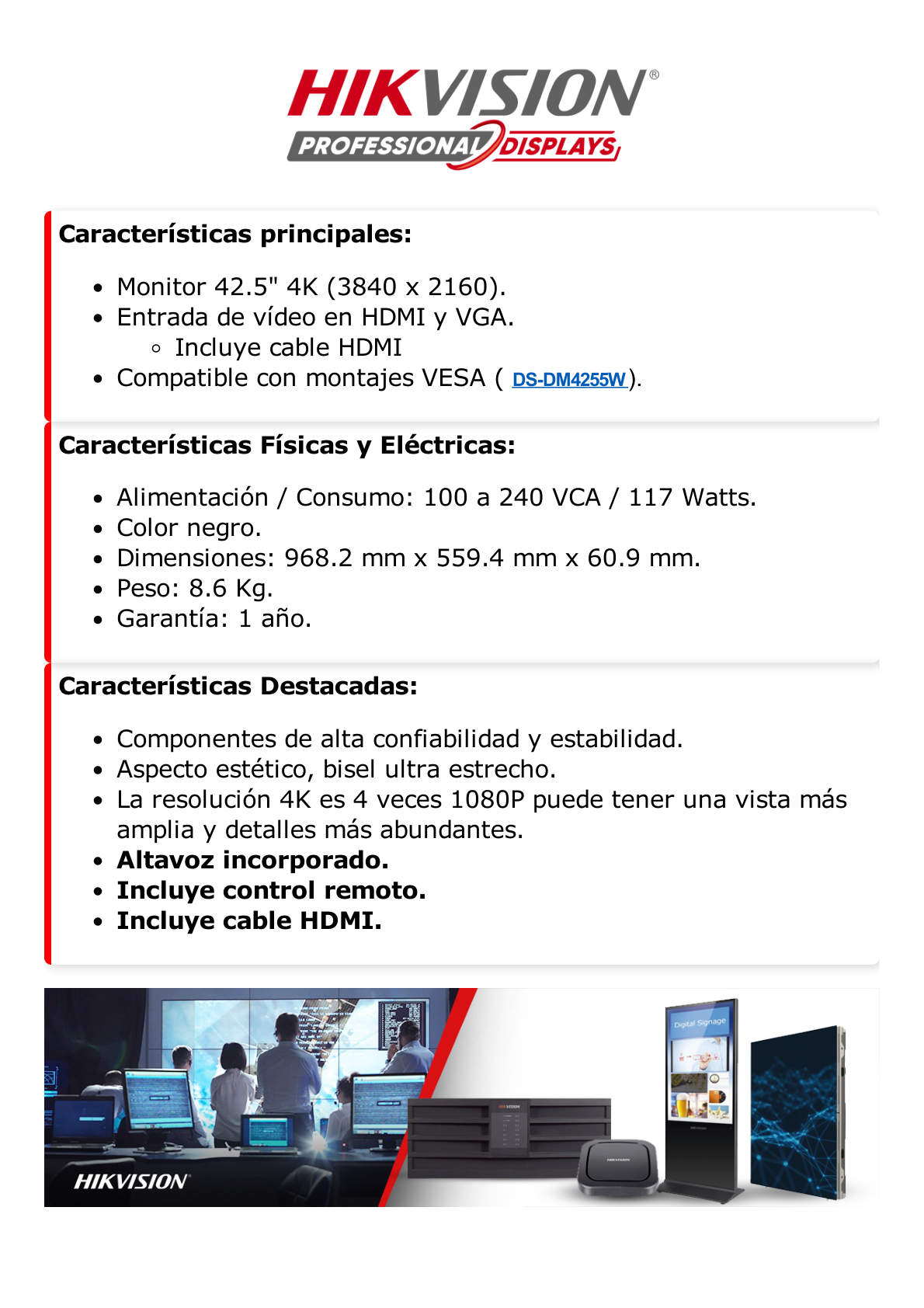 Monitor LED 4K de 43" / Entrada HDMI-VGA / Compatible con Montaje VESA / Bocinas Integradas / Uso 24/7