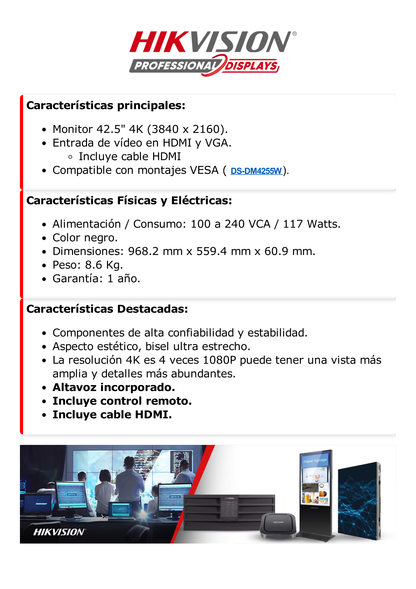 Monitor LED 4K de 43" / Entrada HDMI-VGA / Compatible con Montaje VESA / Bocinas Integradas / Uso 24/7