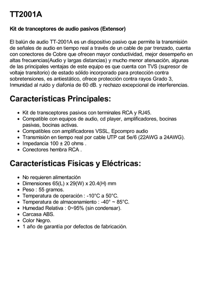 Balun Extensor de audio analogo estereo RCA a RJ45  / Distancia 800 mts/  Cable CAT5-6 / Conector 100% COBRE / protección TVS, Calidad PREMIUM