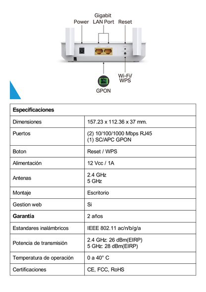 ONU/ONT - GPON Router inalámbrico AC 1200 / 1 Puerto PON SC/APC / 2 Puertos LAN 10/100/1000 MBPS / Soporta AgiNet Config - AgiNet ACS