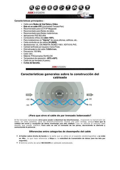 Bobina de Cable UTP 305 Metros / Cat5E (24 AWG) / Color Gris / PVC (CM) / Uso en Interior / 100% Cobre / Aplicaciones de CCTV y Redes de Datos