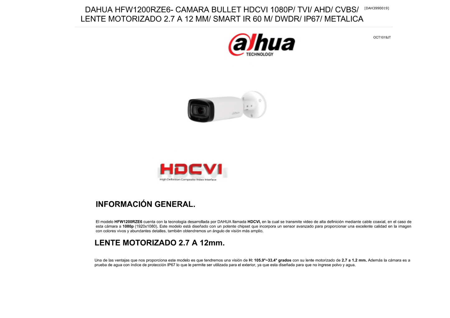 Camara Dahua DH-HAC-HFW1200RN-Z-IRE6-2712-S5 bullet 2 mpx 1080 p lente 2.7 mm IR 60 m metalica  metalica IP67