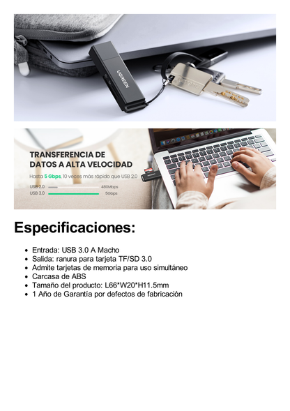 Lector de tarjetas SD portátil USB 3.0 de doble ranura / adaptador de tarjeta de memoria flash concentrador para TF SD Micro SD SDXC SDHC MMC RS-MMC Micro SDXC Micro SDHC UHS-I