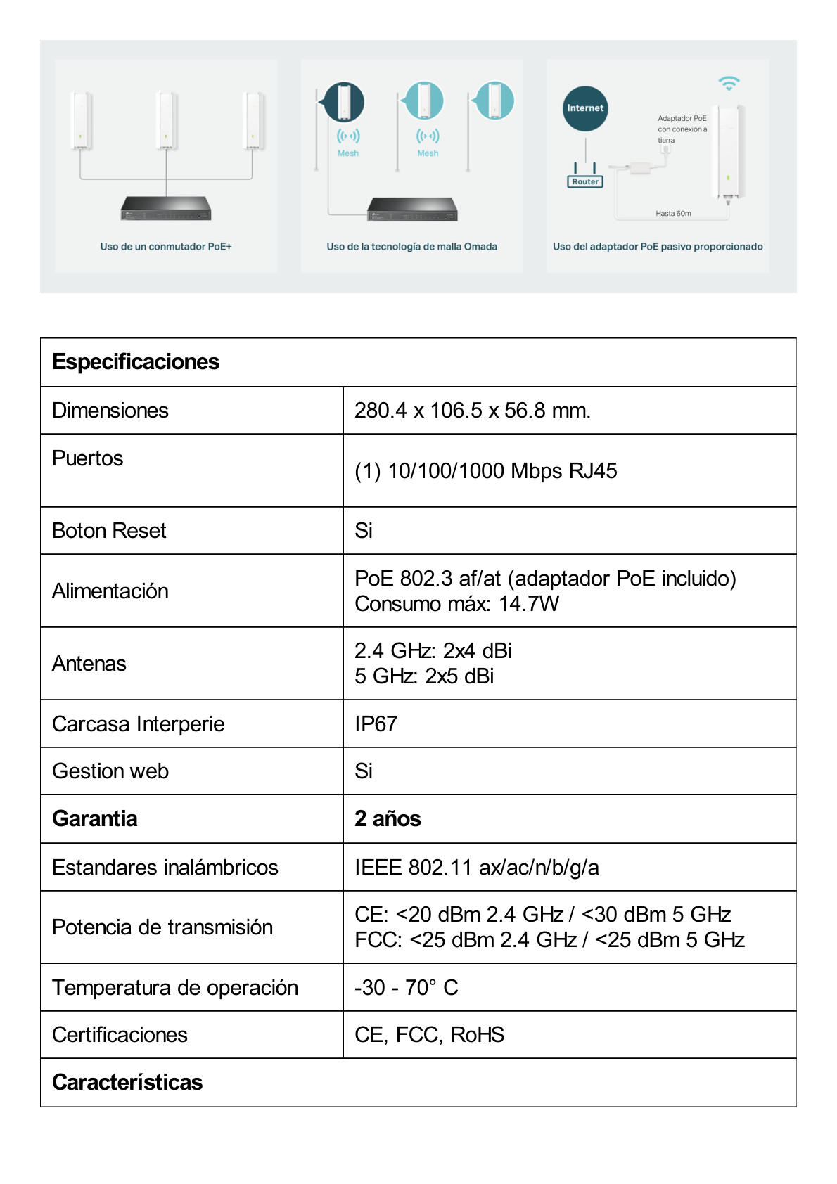 Punto de Acceso Omada Exterior-Interior / Wi-Fi 6 AX1800 MU-MIMO 2x2 / Mesh Omada / Alta Densidad de Usuarios / Configuración por Controlador o Stand-Alone / Para Montaje en Mástil/ Pared / Alimentación PoE+