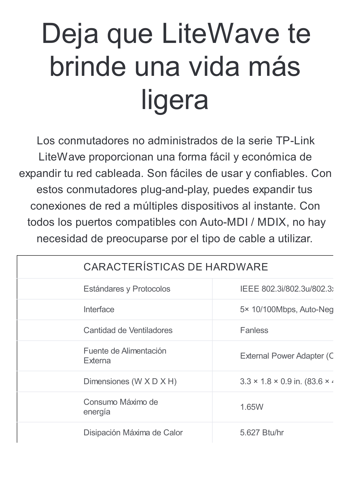 Switch para escritorio 5 puertos 10/100Mbps