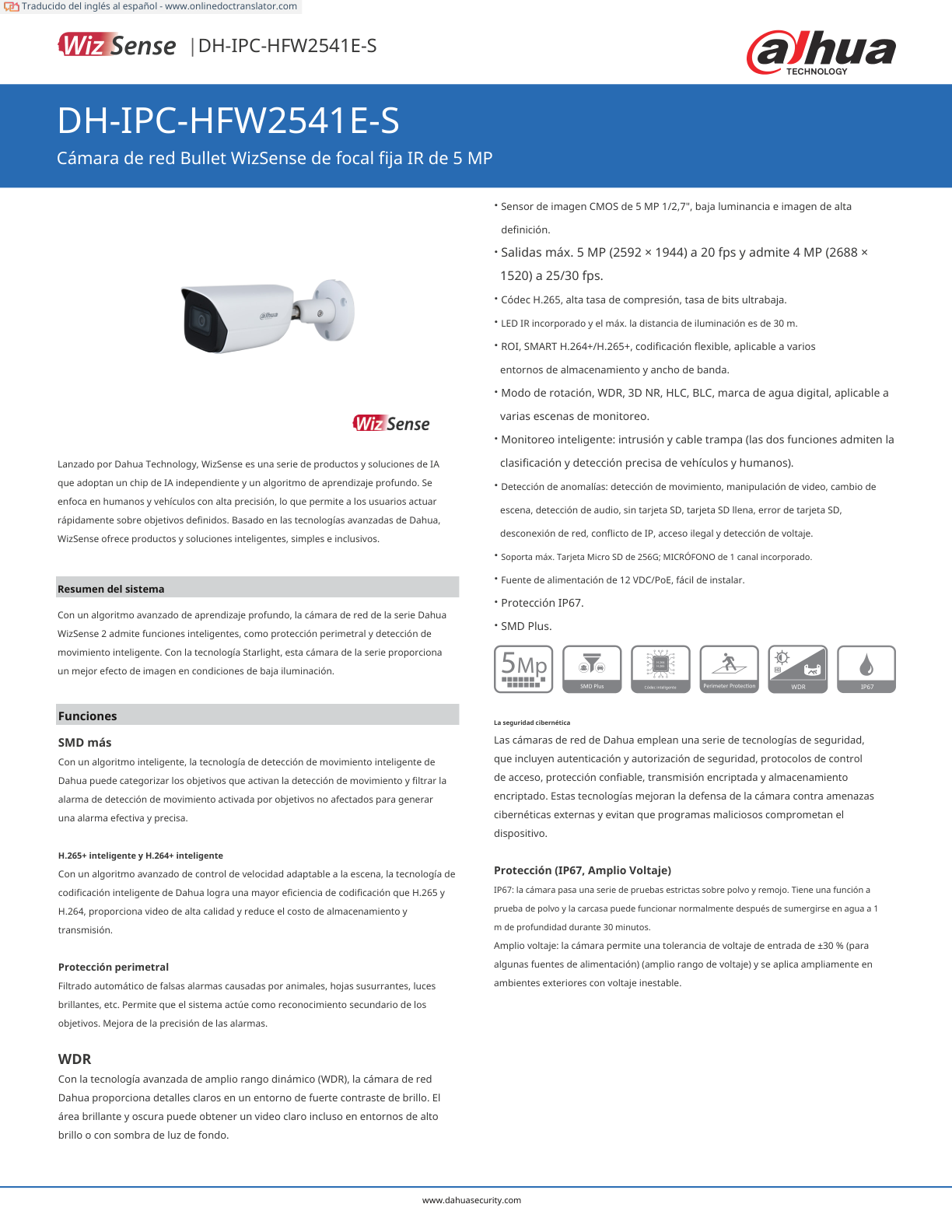 Camara Dahua DH-IPC-HFW2541E-S IP bullet 5 mpx lente 2.8 mm IR 30 m 97 gds metalica exterior microfono  ranura microsd PoE  IP67