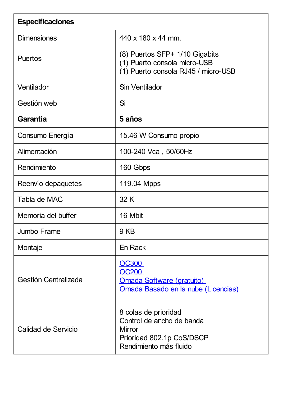 Switch Fibra Óptica L2+ Omada / 8 Puertos SFP+ 10G /  2 Puertos Consola (RJ45 y micro-USB) / Administración Centralizada Omada o Stand-Alone / Multicast IGMP / Calidad de Servicio / Montaje en Rack / Silencioso (sin ventiladores)