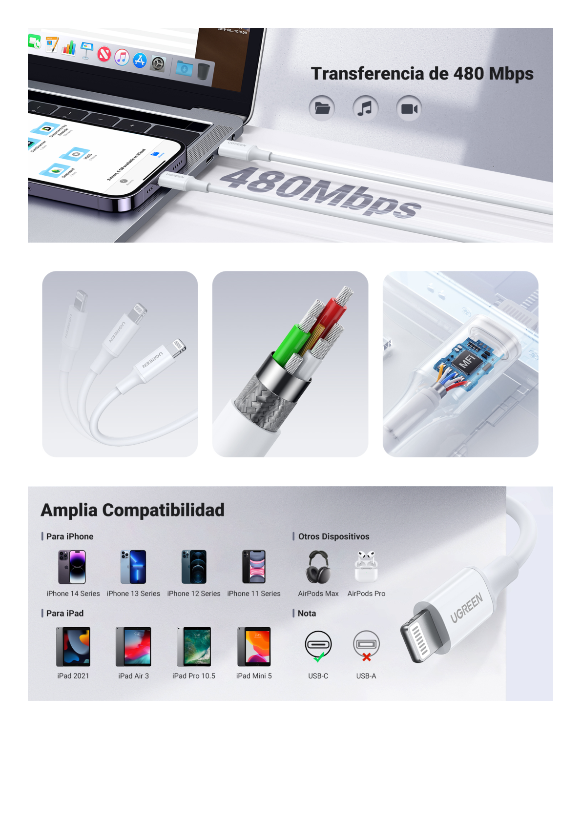 Cable USB-C a Lightning | 1 Metro | Certificado MFi | Carga Rápida 60W | 480 Mbps | PD | Conector C94 | Adecuado para iPhone, iPad y iPod | Protección Integrada | Caja de ABS | Cubierta de TPE | Color Blanco.