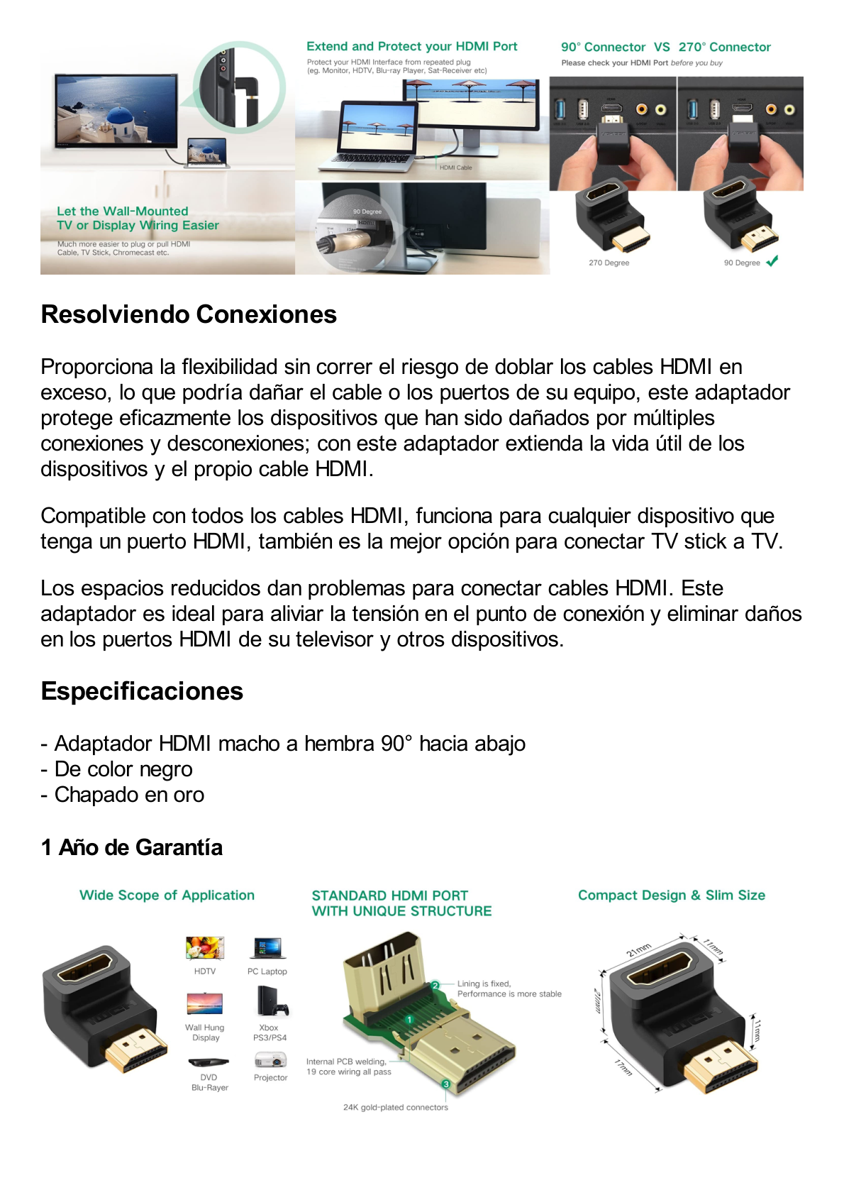 Adaptador HDMI de 90 Grados Macho a Hembra / Hacia Abajo / HDMI 2.0  4K@60Hz / Proporciona Flexibilidad Sin Doblar los Cables HDMI