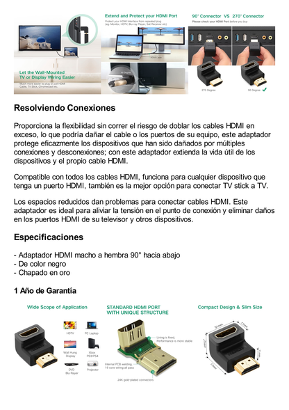 Adaptador HDMI de 90 Grados Macho a Hembra / Hacia Abajo / HDMI 2.0  4K@60Hz / Proporciona Flexibilidad Sin Doblar los Cables HDMI