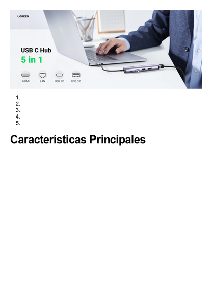 HUB USB-C (Docking Station) 5 en 1 | Ultra Delgado | 2 USB-A 3.1 a (5 Gbps) | HDMI 4K@60Hz | RJ45 (Gigabit Ethernet) | USB-C PD Carga Rápida 100W | Soporta OTG | Chips Inteligentes | Pequeño y Ligero | Caja de Aluminio.