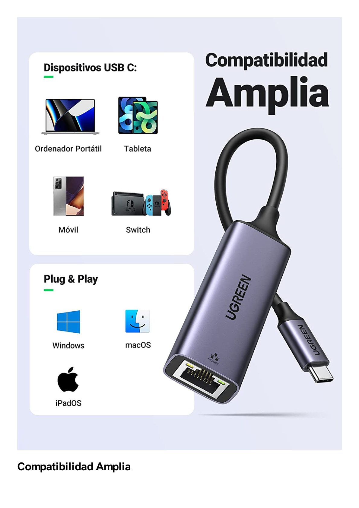 Adaptador de Red USB-C 3.1 (5 Gbps) a RJ45 | Thunderbolt 3 | Admite 10/100/1000 Mbps y 2.5G |  Chip Inteligente | Amplia Compatibilidad | Caja de Aluminio | Longitud del cable 10 cm.