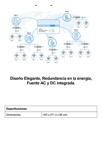 DeltaStream - OLT Módular GPON / Conexión de hasta 4,096 ONUs / 2 Tarjetas Main / Puertos Gigabit RJ45 Uplink / 4 Puertos SFP+ Uplink / Fuente Redundante AC- DC (incluida) / Administración desde la nube (DPMS)