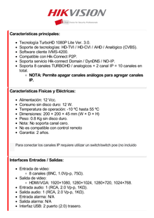 DVR 1080P Lite / 8 Canales TURBOHD + 2 Canales IP / 1 Bahía de Disco Duro / H.264+ / 1 Canal de Audio / Salida de vídeo Full HD