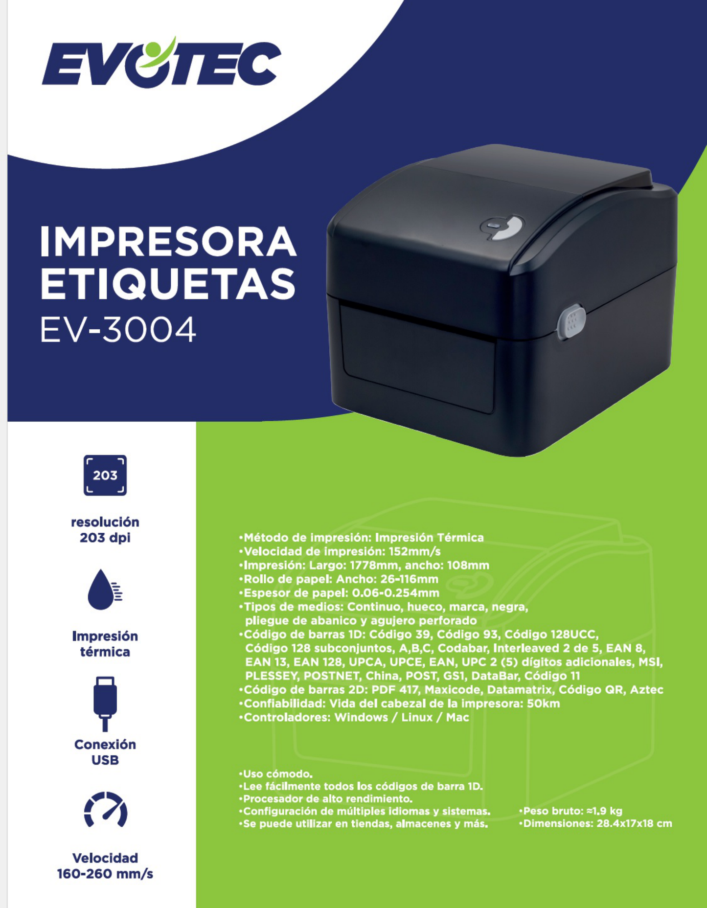 Miniprinter Evotec de Etiquetas USB/Fuente Negra