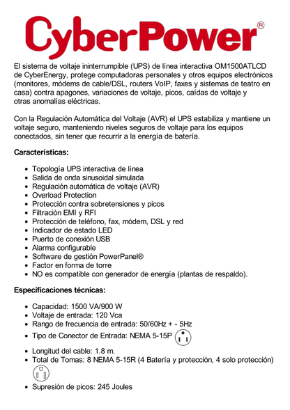 UPS de 1500 VA/900 W, Topología Línea Interactiva, Entrada 120 Vca NEMA 5-15P, y 8 Salidas NEMA 5-15R, Con Regulador de Voltaje (AVR)