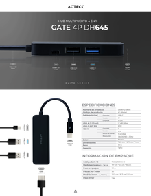 HUB USB ACTECK USB C 4 EN 1 GATE 5P DH645 4K HDMI + 1USB A 3.0 + 1USB A 2.0 + USB C CHARGING