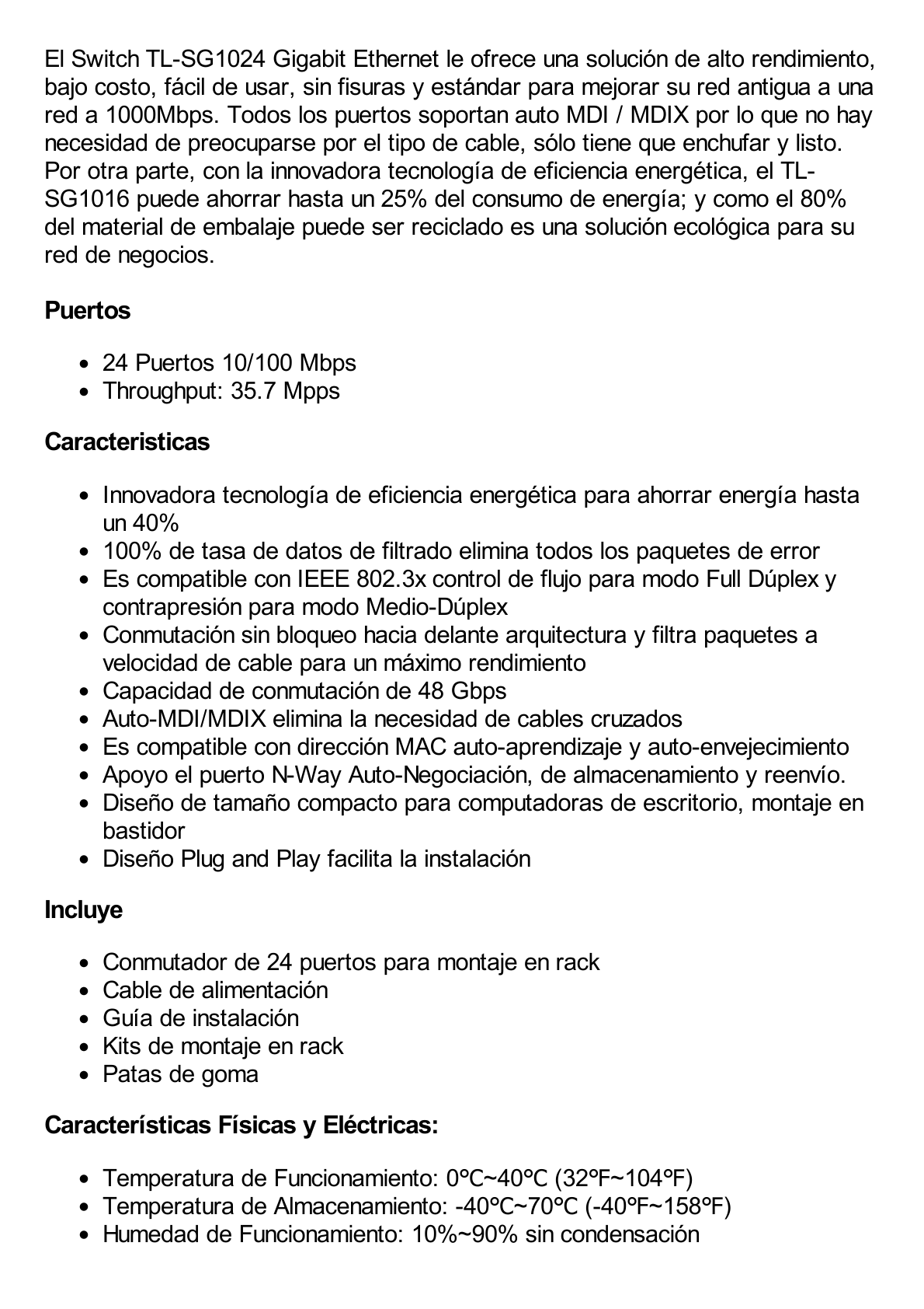 Switch no administrable de 24 puertos 10/100 Mbps para montaje en rack