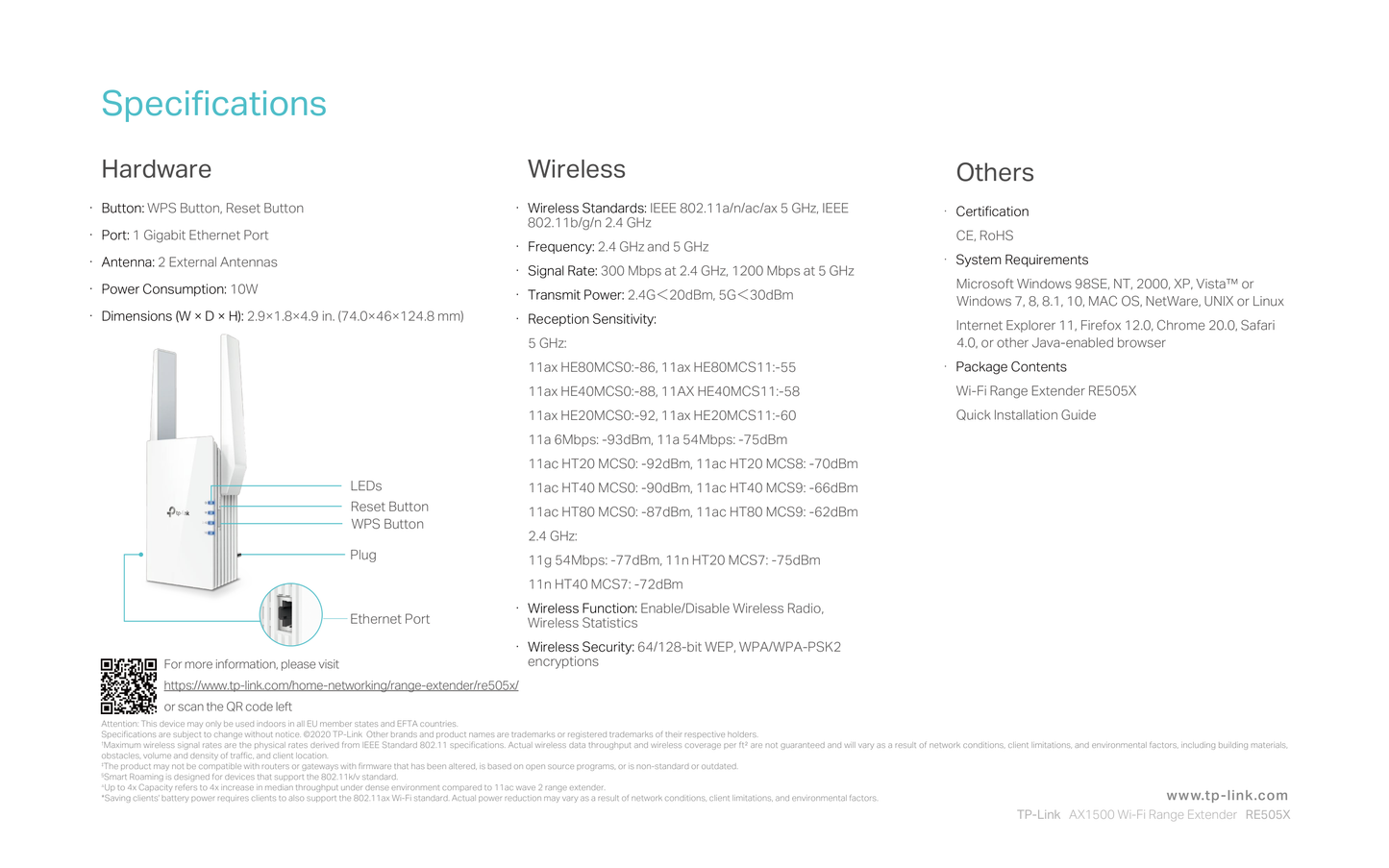 Extensor de rango inalámbrico TP-Link RE505X Wi-Fi 6 AX1500 OneMesh 1 puerto RJ45 gigabit 2 antenas externas