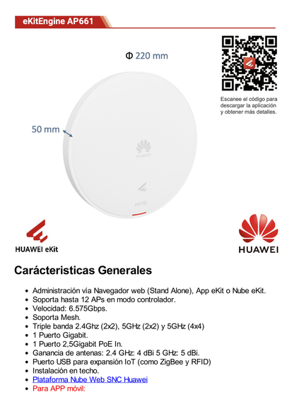 Punto de Acceso Wi-Fi 6 de Alta Densidad /  6.575 Gbps / MU-MIMO 2x2x4:3 (2.4GHz, 5GHz y 5GHz) / Smart Antenna / Puerto GE y Puerto 2.5GE / Puerto USB (Para expansion IoT) / BLE /  Con Administración Gratuita desde la Nube