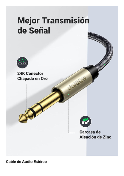 Cable Audio Estéreo 3.5mm (1/8") TRS a 6.35mm (1/4") TS / 1 Metro / Audio de Hi-Fi / Trenza de Nylon / Blindaje Múltiple / Caja de Aleación Zinc / Núcleo de Cobre Puro / Compatibilidad Universal