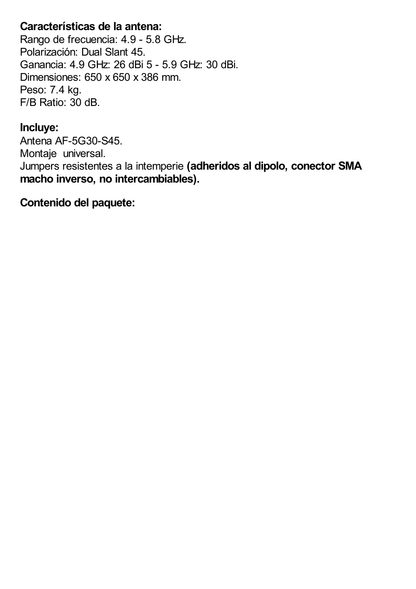 Antena Direccional airFiber X, ideal para enlaces Punto a Punto (PtP), frecuencia 5 GHz (4.9 - 5.8 GHz) de 30 dBi slant 45