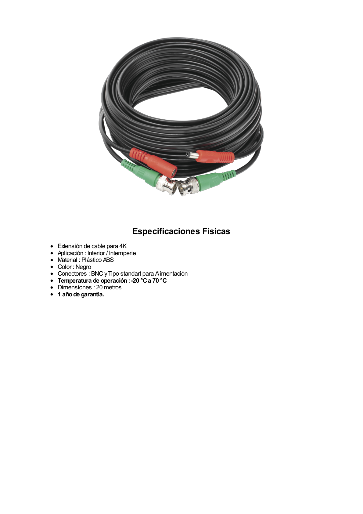 Cable coaxial ( BNC RG59 ) + Alimentación / SIAMÉS / 20 Metros / 100 % COBRE / Para Cámaras 4K  / Uso interior y exterior