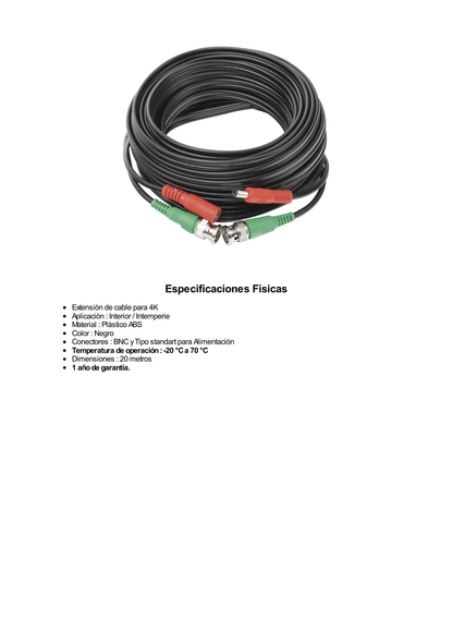 Cable coaxial ( BNC RG59 ) + Alimentación / SIAMÉS / 20 Metros / 100 % COBRE / Para Cámaras 4K  / Uso interior y exterior