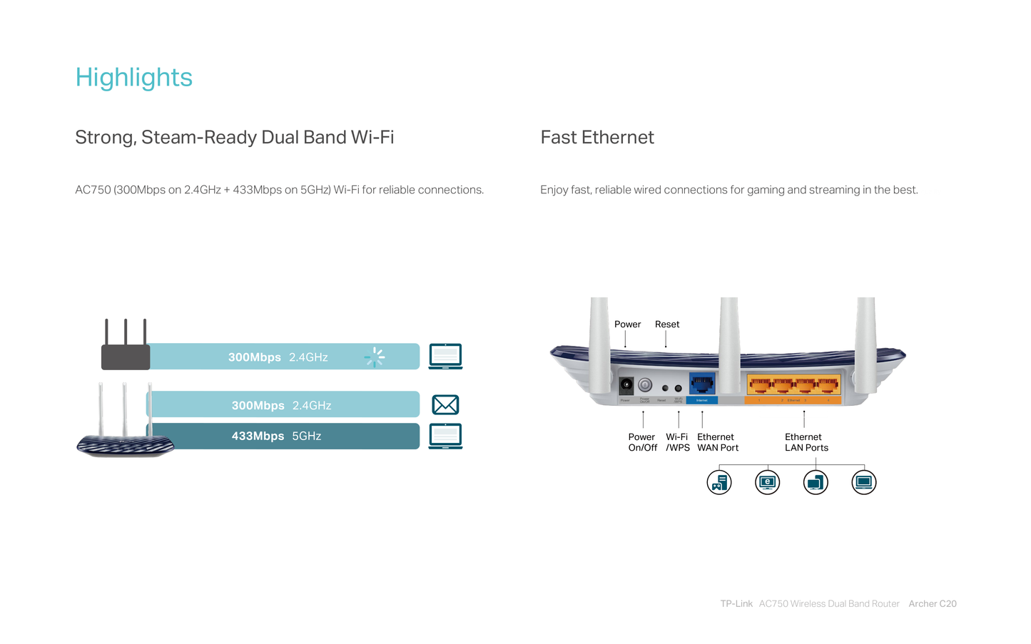 Router Wi-Fi AC750 WISP TP-Link Archer C20 W 1 puerto WAN y 4 puertos LAN 10/100 con 3 antenas externas