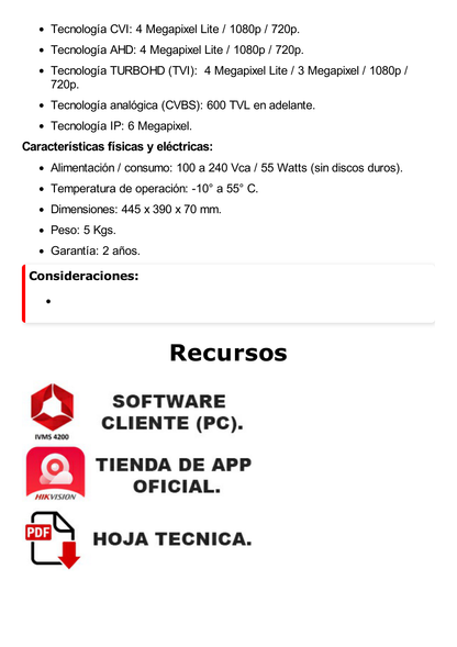 DVR 16 Canales TurboHD + 4 Canales IP / 4 Megapixel / 4 Bahías de Disco Duro / 4 Canales de Audio / Videoanalisis / 16 Entradas de Alarma