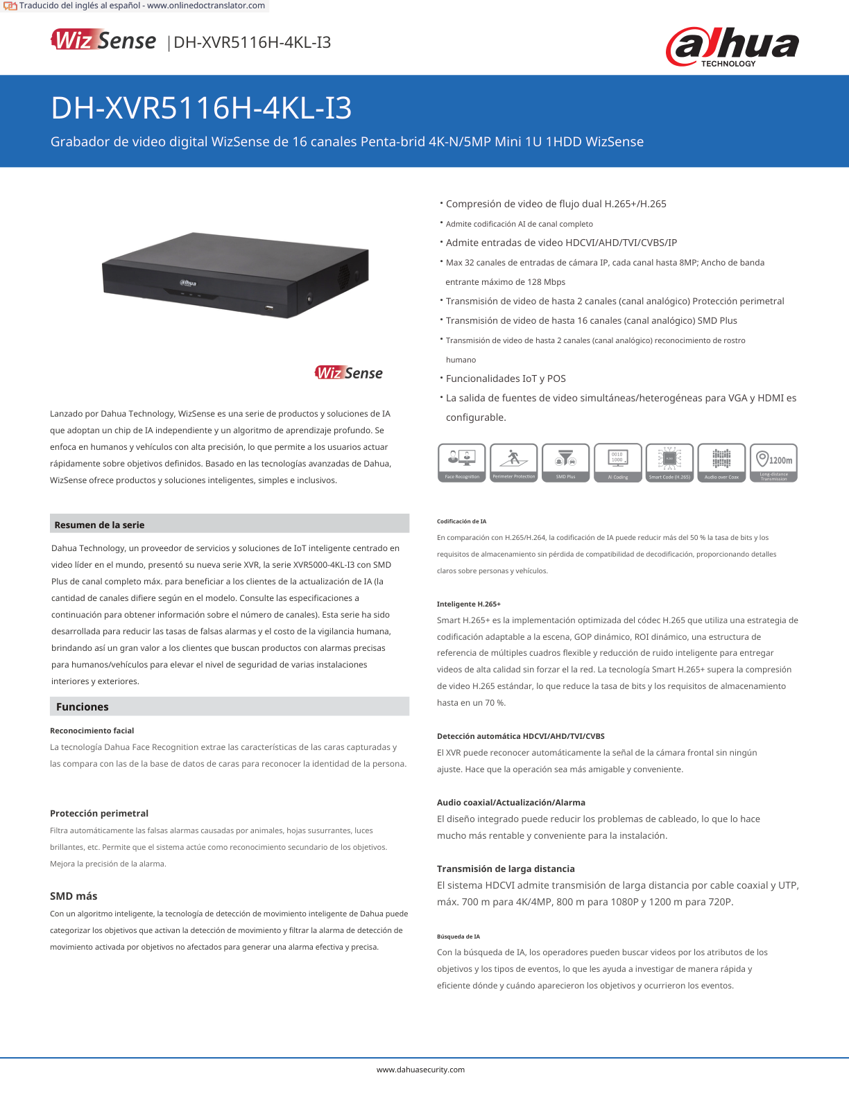 DVR Dahua DH-XVR5116H-4KL-I3 16 canales 4k 8 mpx wizsense IA h.265 16 canales + 16 ip hasta 32 ch IP 2 canales de sdm plus 1 bahia de disco duro