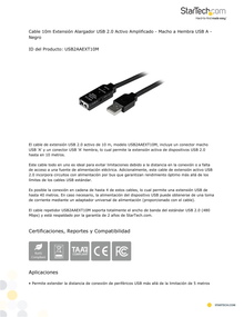 Cable StarTech Extensor de 10M Negro Extensión Alargador USB 2.0 Activo Amplificado Macho a Hembra USB-A