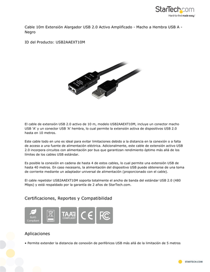 Cable StarTech Extensor de 10M Negro Extensión Alargador USB 2.0 Activo Amplificado Macho a Hembra USB-A