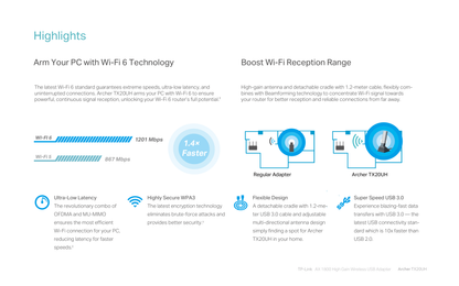 Adaptador inalámbrico Wi-Fi 6 USB 3.0 TP-Link Archer TX21UH AX1800 MU-MIMO OFDMA antena 180 grados de alto alcance