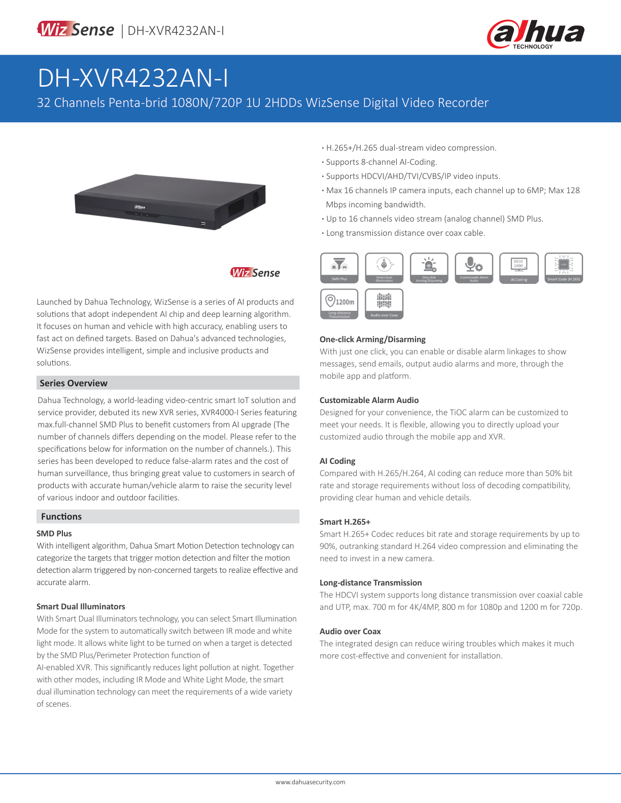 DVR Dahua DH-XVR4232AN-I(V2.0) 32 canales de1080p lite wizsense h265 codificacion IA 2 bahias de discos duros hasta 16 canales ip busqueda inteligente humanos y vehiculos