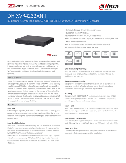 DVR Dahua DH-XVR4232AN-I(V2.0) 32 canales de1080p lite wizsense h265 codificacion IA 2 bahias de discos duros hasta 16 canales ip busqueda inteligente humanos y vehiculos