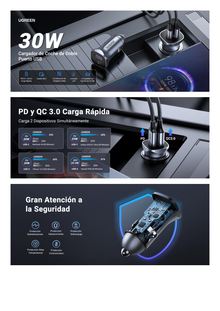 Cargador de Auto 30W | 2 Puertos USB-A y USB-C | Carga Rápida | Compatible con Vehículos de 12 y 24 VCD | PD3.0, QC4.0, SCP, PPS | Indicador Led | Diseño Compacto | Chip Inteligente | Caja de Aluminio.