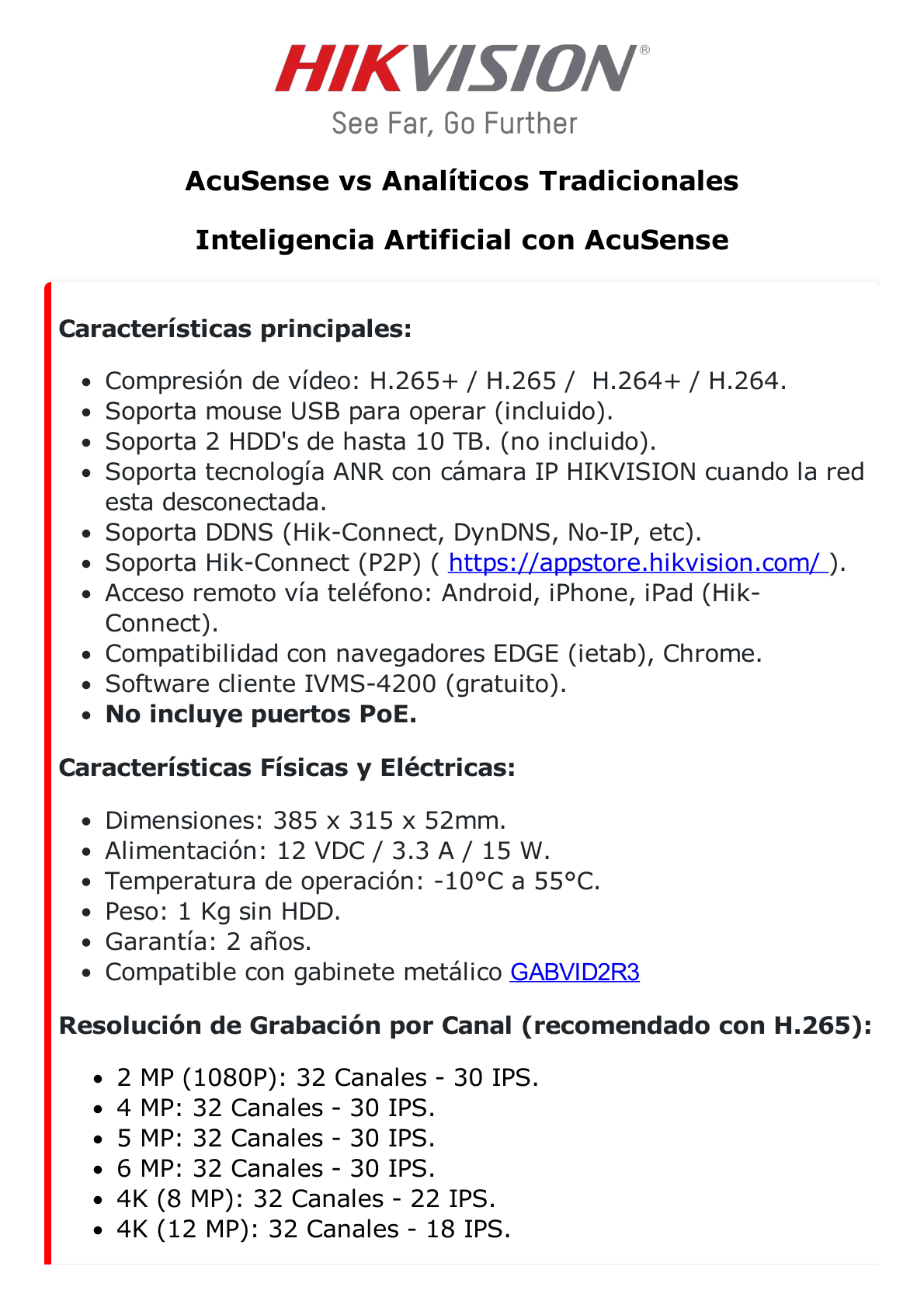 NVR 12 Megapixel (4K) / 32 canales IP / AcuSense (Evita Falsas Alarmas) / Reconocimiento Facial / 2 Bahías de Disco Duro / HDMI en 4K / Sin Puertos PoE+