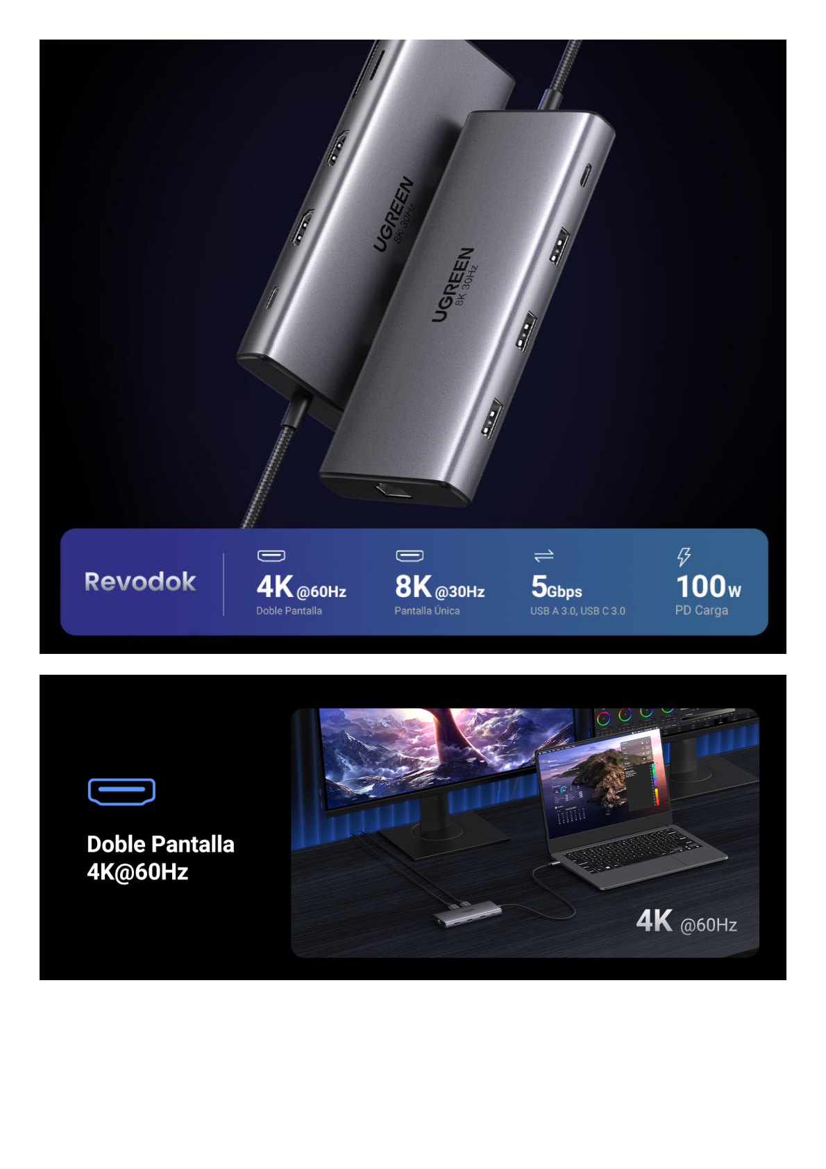 HUB USB-C (Docking Revodok Pro 210) 10 en 1 | 2 Puertos HDMI 8K,4K@60Hz | 3 USB-A | USB-C (5Gbps) | USB-C PD Carga 100W | RJ45 (Gigabit Ethernet) | Lector Tarjetas SD + Micro SD (TF) Simultáneo | Carcasa de Aluminio.