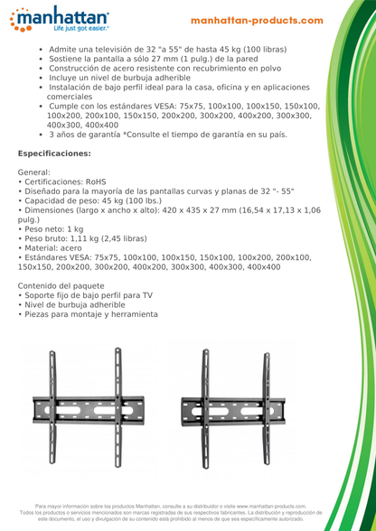 SOPORTE MANHATTAN PARA TV 32 A 55 PULG PARED 45KG FIJO PANTALLAS PLANAS