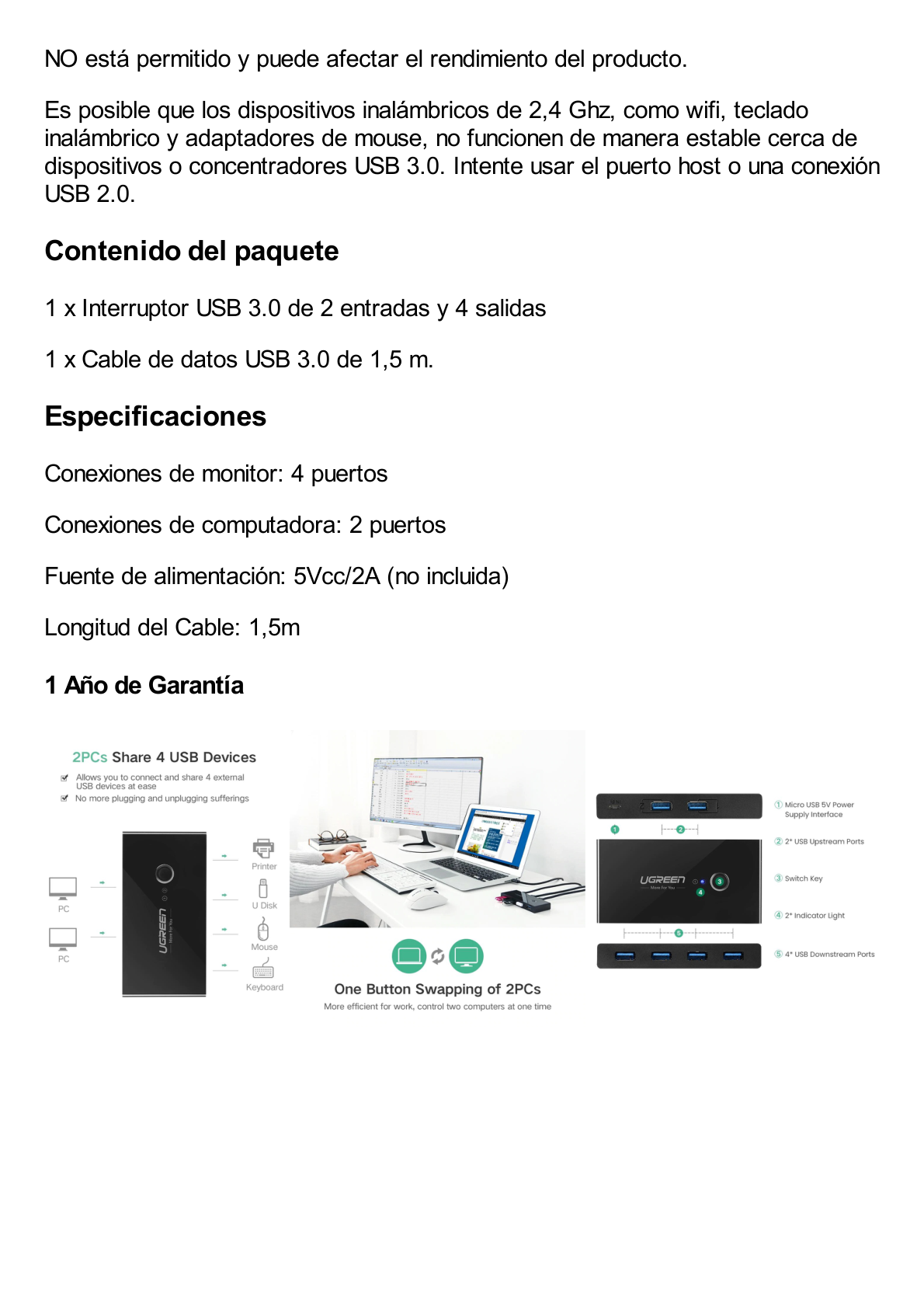 Conmutador USB para Compartir 4 Puertos USB 3.0 a 2 PC ́s | Cambio Mediante Botón | Incluye Dos Cables USB de 1.5 m | ABS | Permite que 2 Usuarios Compartan 4 Dispositivos Periféricos USB3.0, como una impresora, un escáner, etc.