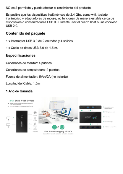 Conmutador USB para Compartir 4 Puertos USB 3.0 a 2 PC ́s | Cambio Mediante Botón | Incluye Dos Cables USB de 1.5 m | ABS | Permite que 2 Usuarios Compartan 4 Dispositivos Periféricos USB3.0, como una impresora, un escáner, etc.