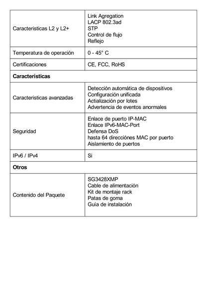 Switch L2+ Omada PoE+ / 24 Puertos PoE+ 10/100/1000 Mbps / 4 Puertos SFP+ 10G / 2 Puertos Consola (RJ45 y microUSB) / Administración Centralizada Omada o Stand-Alone / Multicast IGMP / Presupuesto PoE 384W / Montaje en Rack / (SG3428XMP)