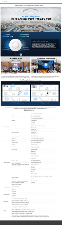 Access Point para interior Wi-Fi 6 Mesh Cudy AP3000P AX3000 router/ AC 1 x RJ45 2.5Gbps 802.3at/af PoE Passive PoE